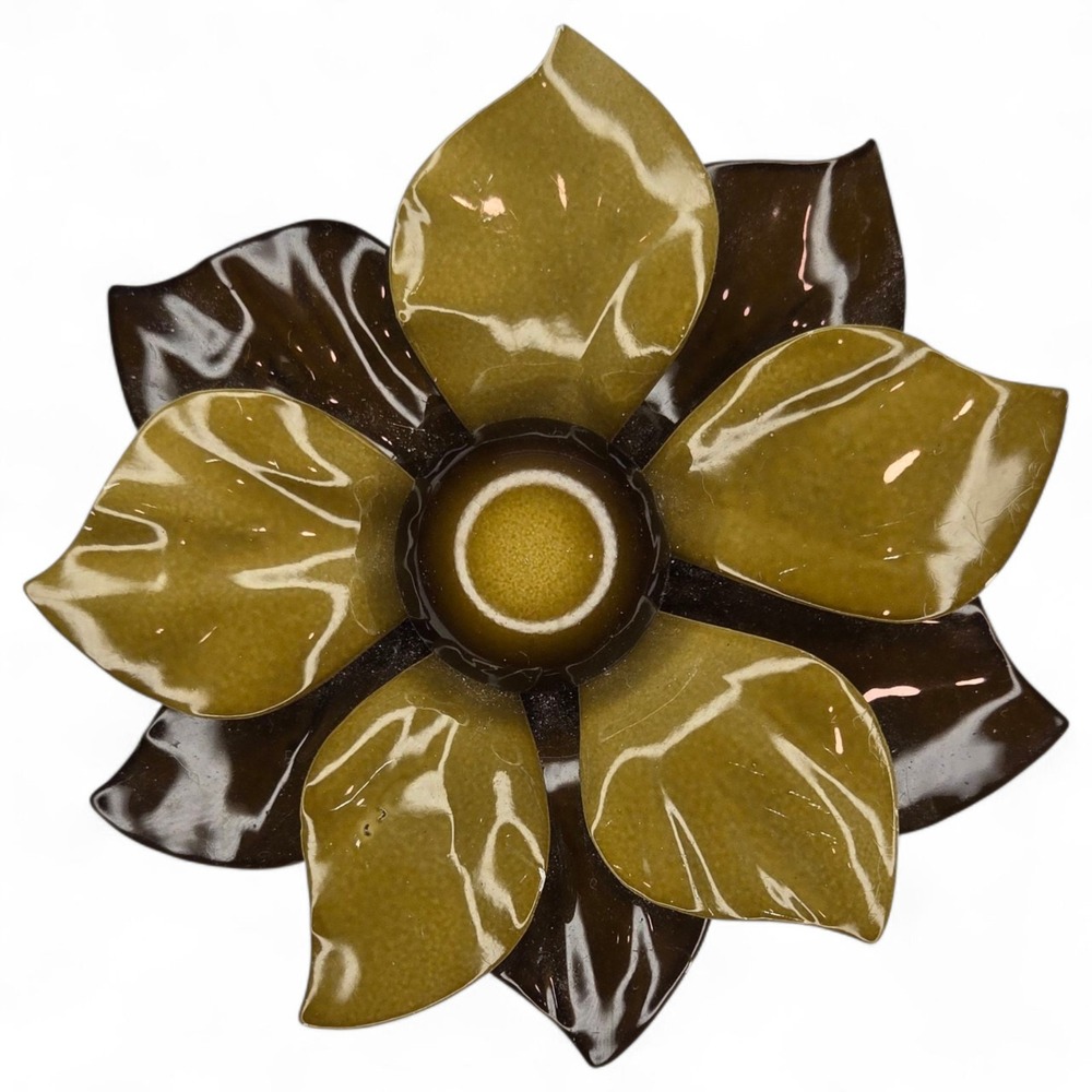 Vintage Brooch Pin Metal Large Brown 1960s Painted Floral Flower Vintage 3.39"